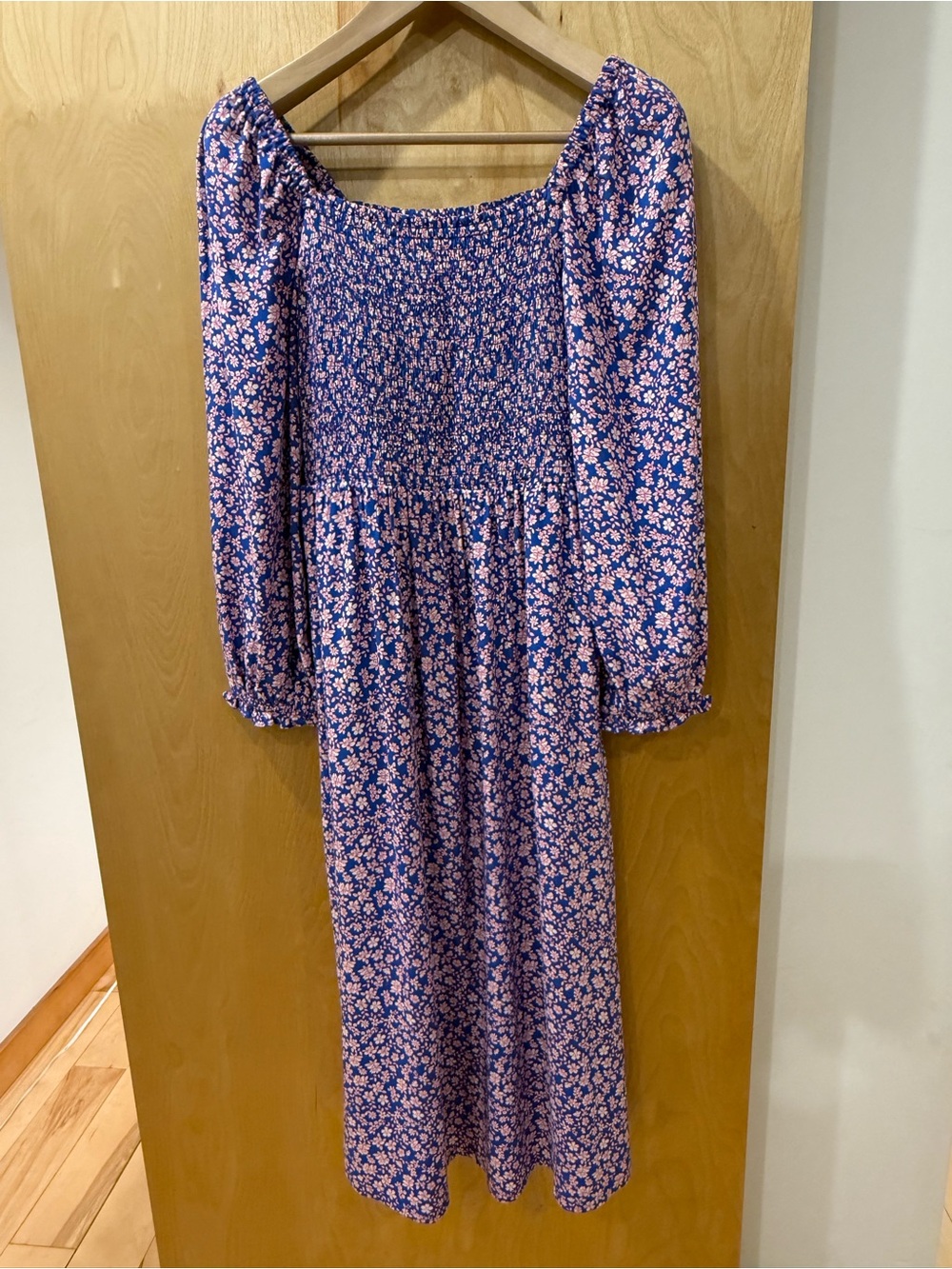 J. Crew Pink Floral Smocked Midi Dress on Blue with pockets